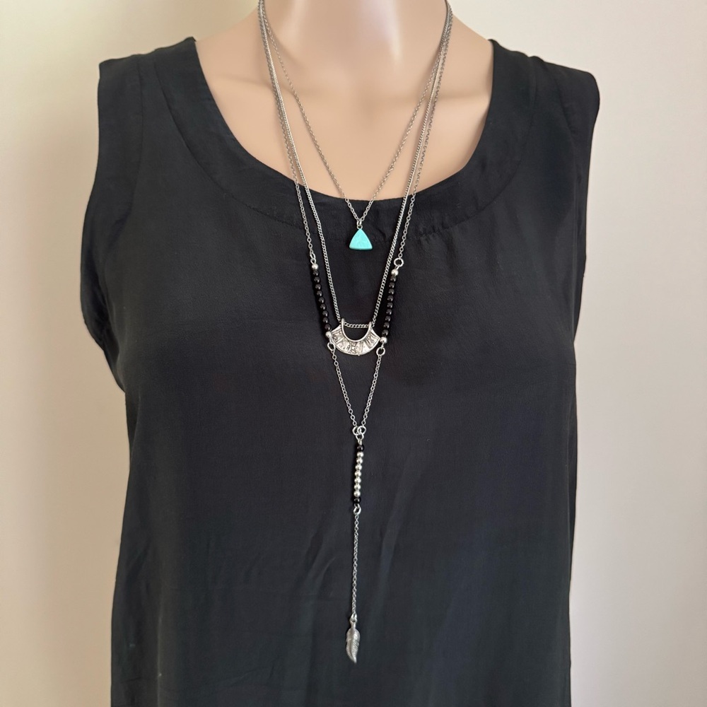 Silver and Black Long Layered Boho Necklace and Earrings NWT